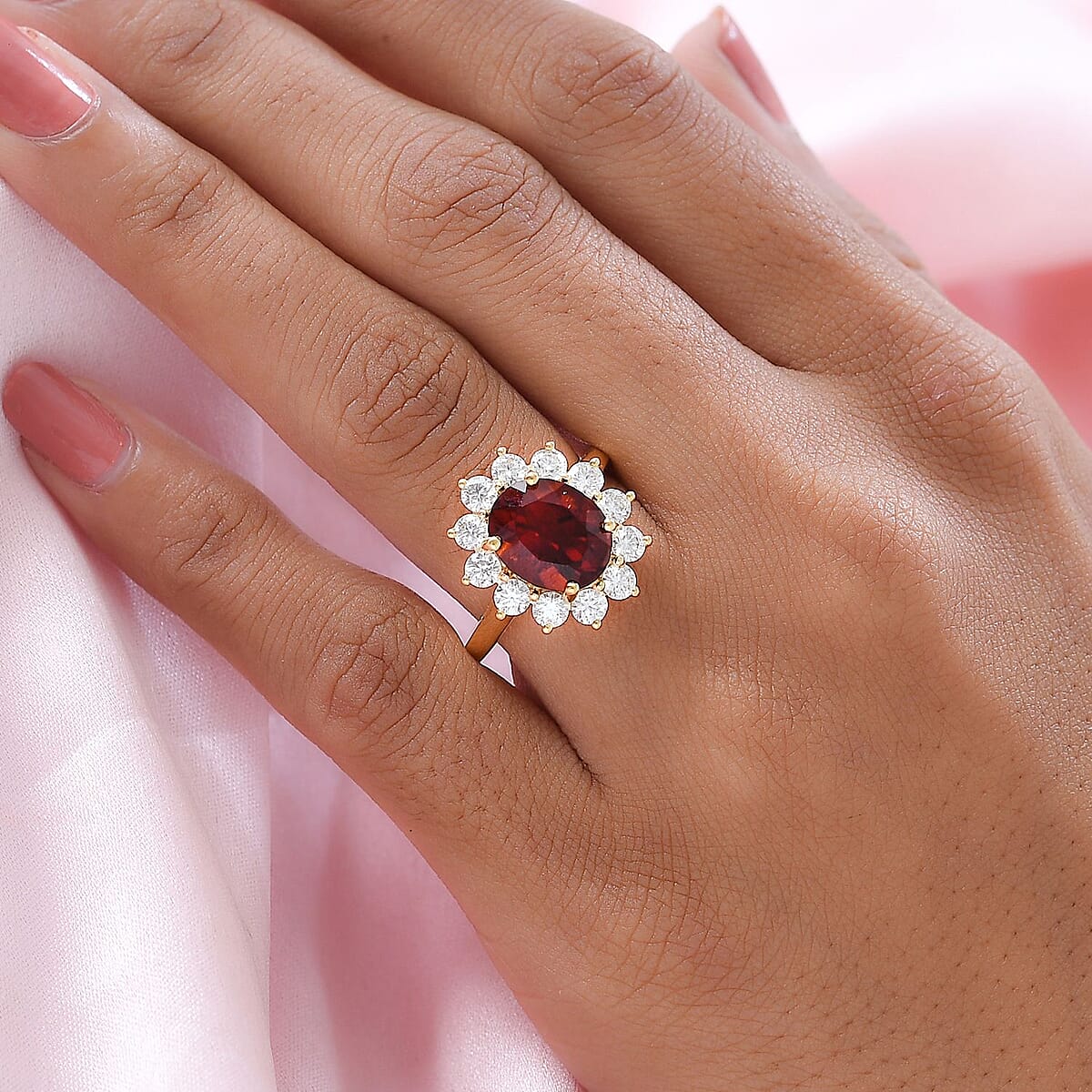 Brazilian Cherry Citrine and Moissanite Sunburst Ring in Vermeil Yellow Gold Over Sterling Silver (Size 6.0) 4.35 ctw image number 2