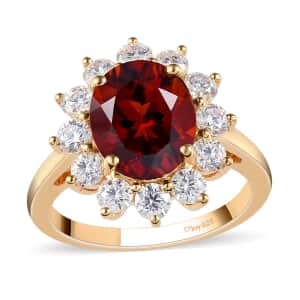 Brazilian Cherry Citrine and Moissanite Sunburst Ring in Vermeil Yellow Gold Over Sterling Silver (Size 8.0) 4.35 ctw
