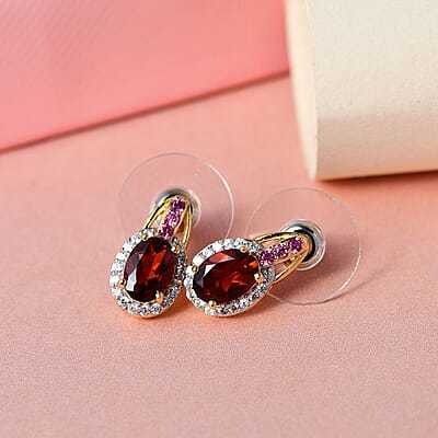 Brazilian Cherry Citrine and Multi Gemstone Stud Earrings in Vermeil Yellow Gold Over Sterling Silver 1.90 ctw