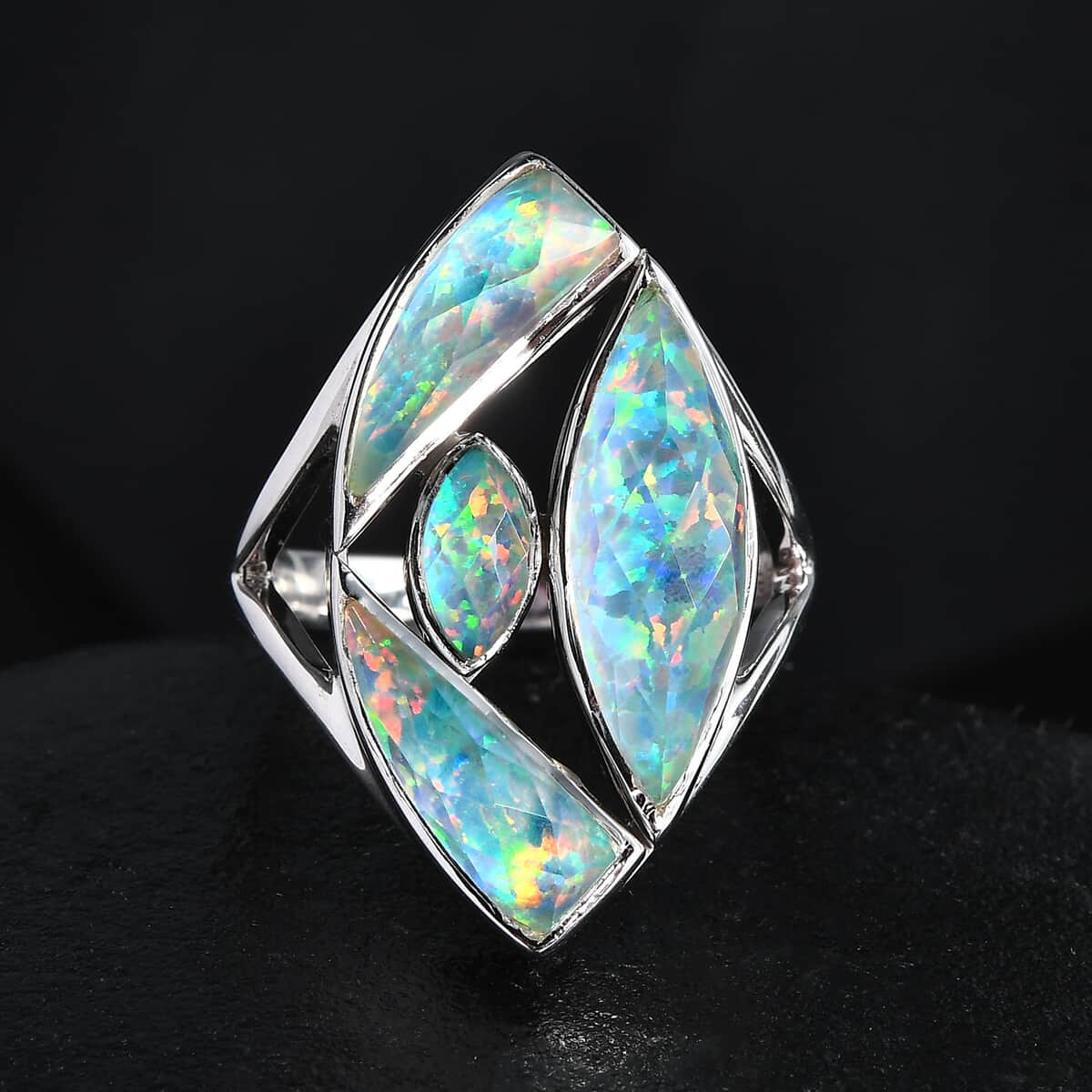 SAJEN SILVER Quartz Doublet Simulated White Opal Ring in Platinum Over Sterling Silver (Size 10.0) 6.75 ctw image number 1