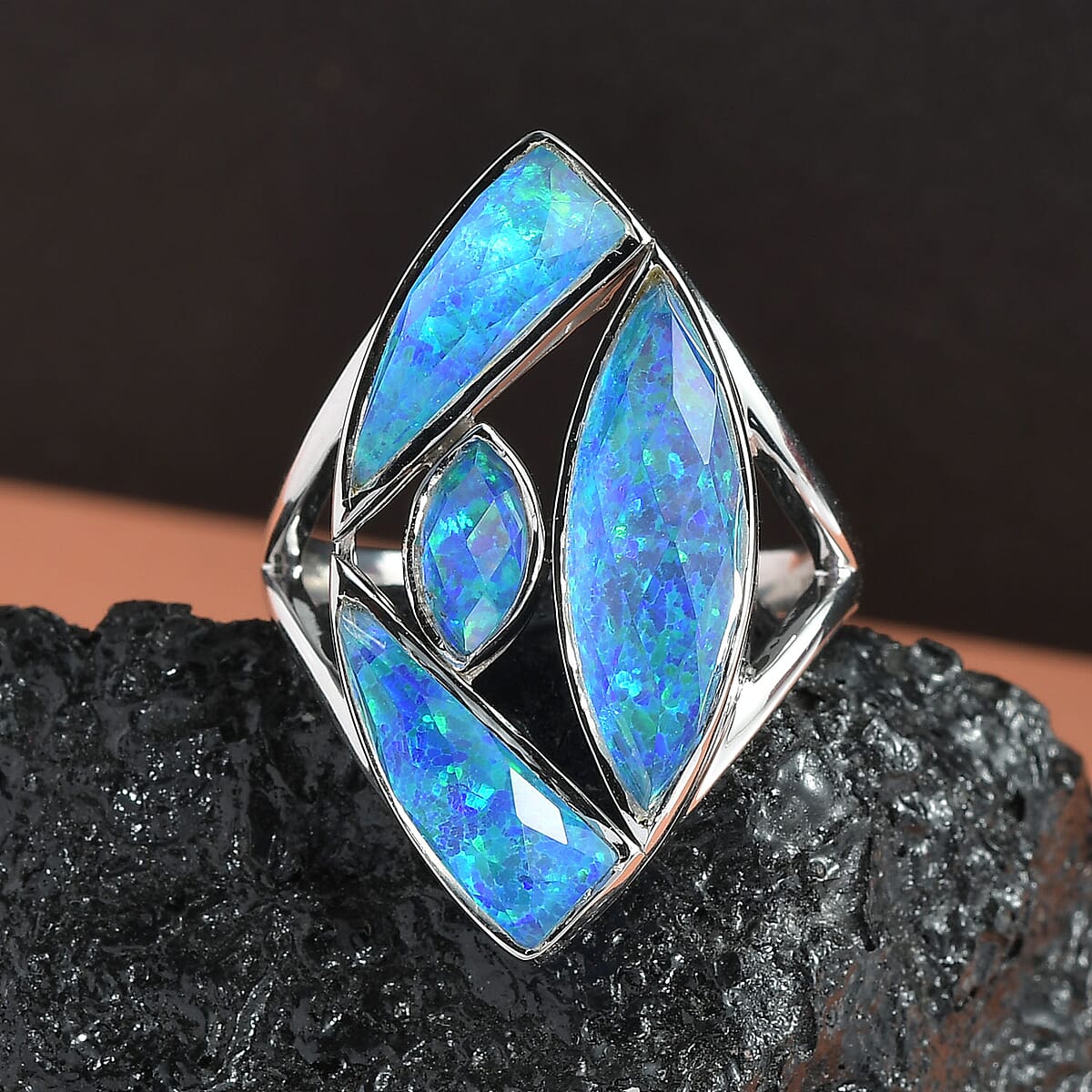 Sajen Silver Quartz Doublet Simulated Blue Opal Ring in Platinum Over Sterling Silver (Size 10.0) 5.70 ctw image number 1