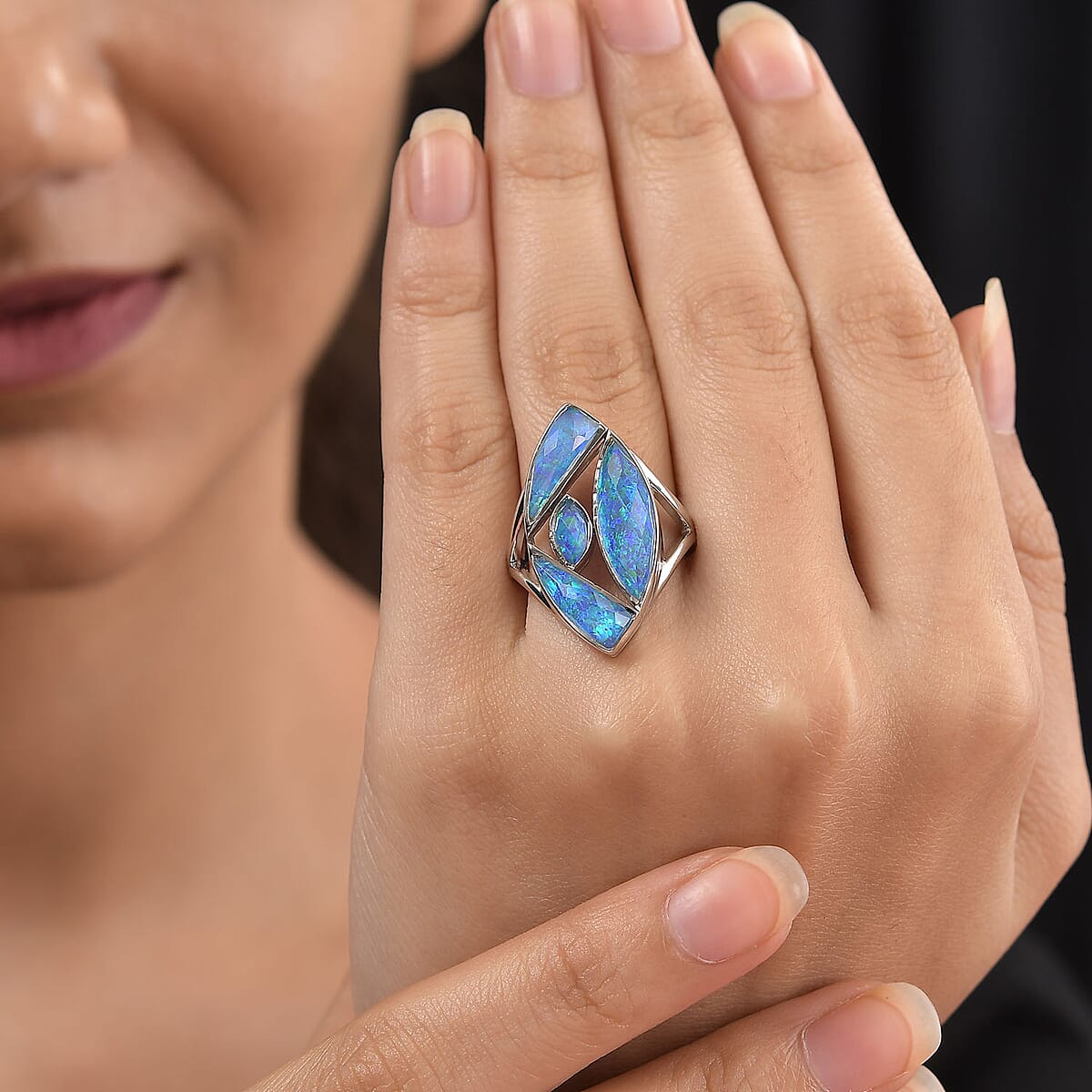 Sajen Silver Quartz Doublet Simulated Blue Opal Ring in Platinum Over Sterling Silver (Size 10.0) 5.70 ctw image number 2