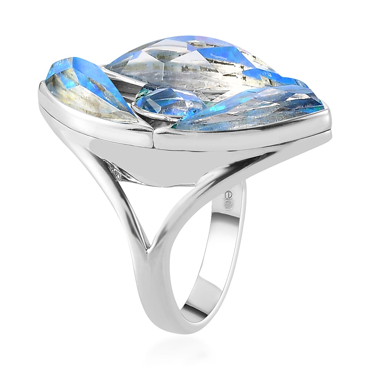 Sajen Silver Quartz Doublet Simulated Blue Opal Ring in Platinum Over Sterling Silver (Size 10.0) 5.70 ctw image number 3