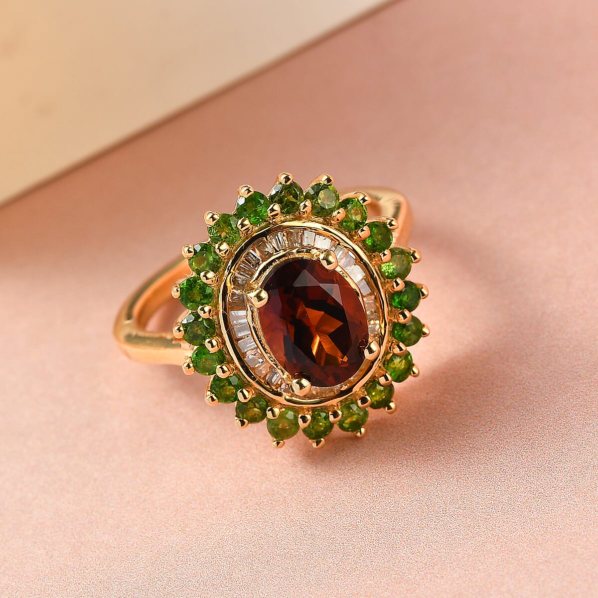 Brazilian Cherry Citrine, Natural Chrome Diopside, Diamond (0.20 cts) Cocktail Ring in Vermeil YG Over Sterling Silver 2.10 ctw image number 1