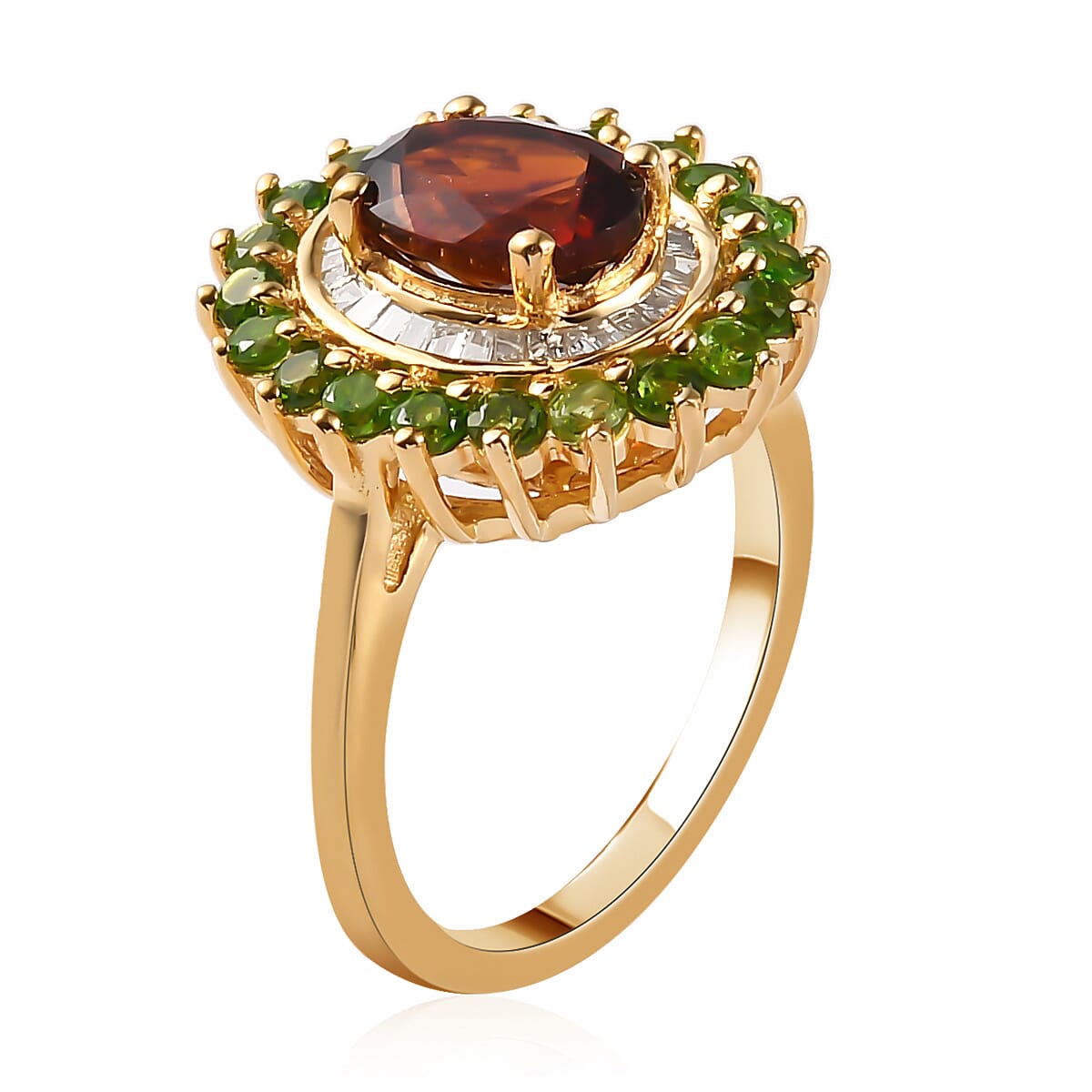 Brazilian Cherry Citrine, Natural Chrome Diopside, Diamond (0.20 cts) Cocktail Ring in Vermeil YG Over Sterling Silver 2.10 ctw image number 3