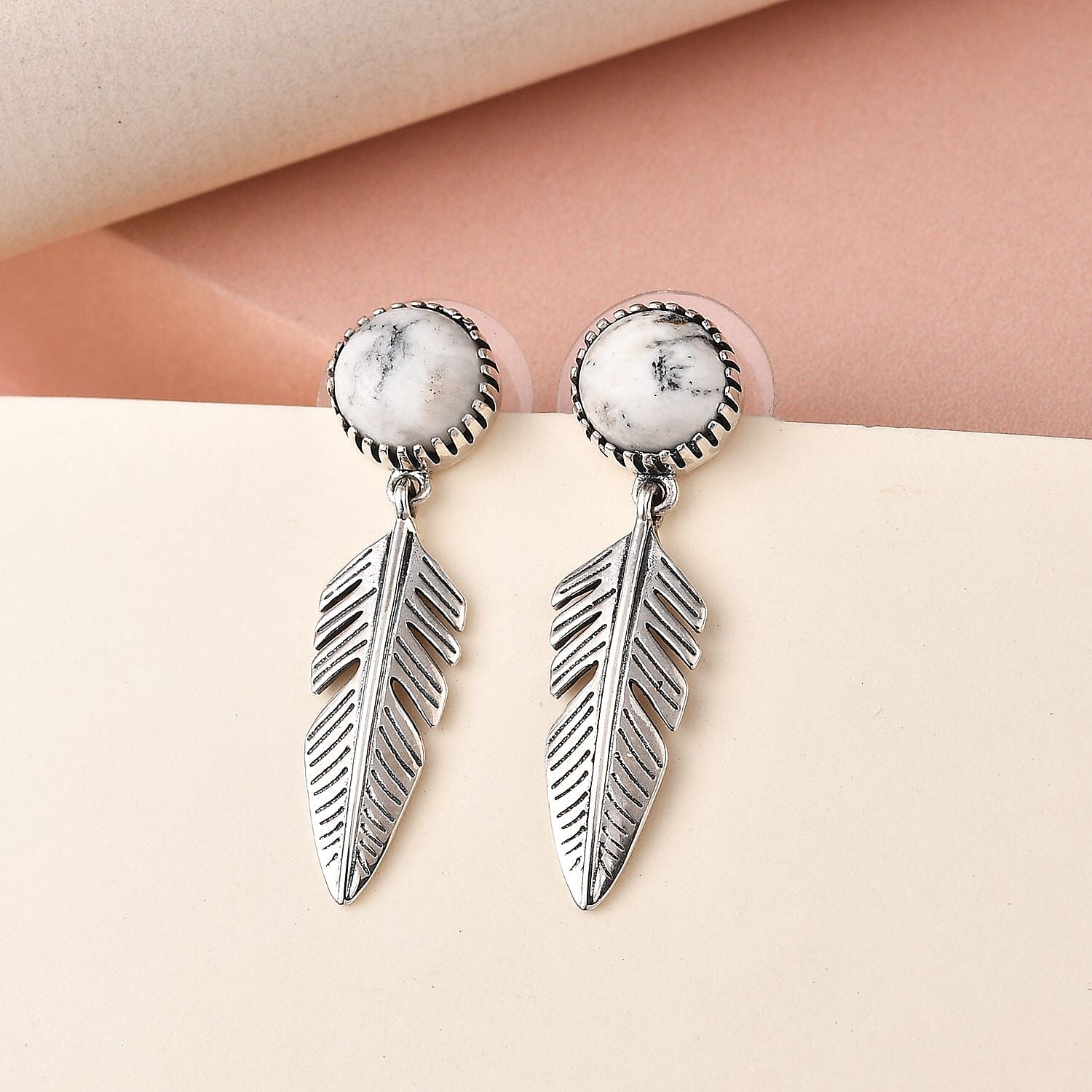 White Buffalo Feather Earrings in Sterling Silver 4.00 ctw