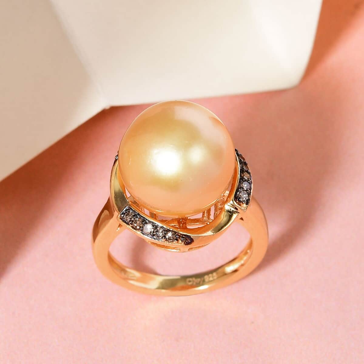 South Sea Golden Cultured Pearl and Natural Champagne Diamond Ring in Vermeil Yellow Gold Over Sterling Silver 0.10 ctw image number 1