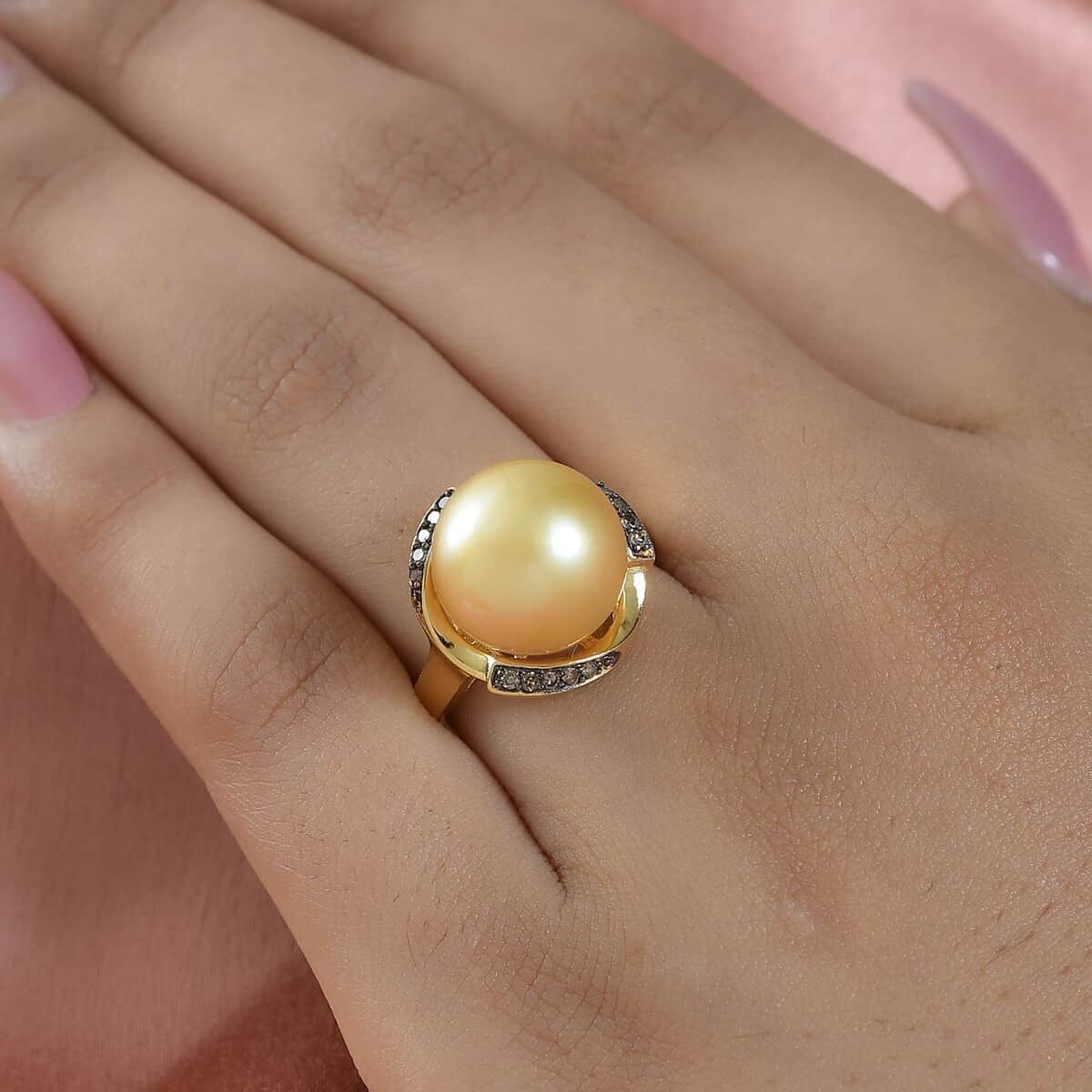 South Sea Golden Cultured Pearl and Natural Champagne Diamond Ring in Vermeil Yellow Gold Over Sterling Silver 0.10 ctw image number 2