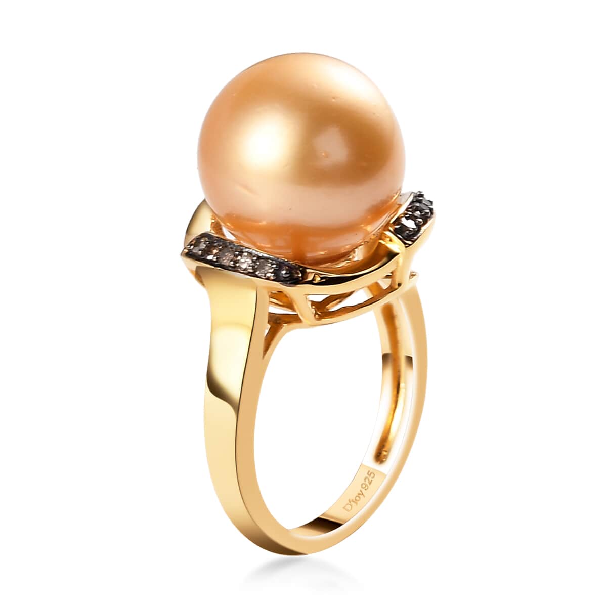 South Sea Golden Cultured Pearl and Natural Champagne Diamond Ring in Vermeil Yellow Gold Over Sterling Silver 0.10 ctw image number 3