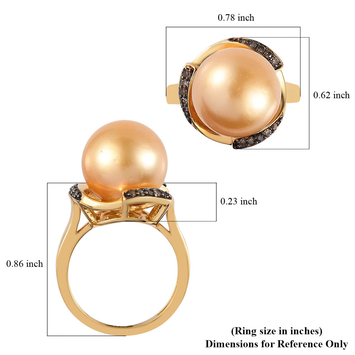 South Sea Golden Cultured Pearl and Natural Champagne Diamond Ring in Vermeil Yellow Gold Over Sterling Silver 0.10 ctw image number 5