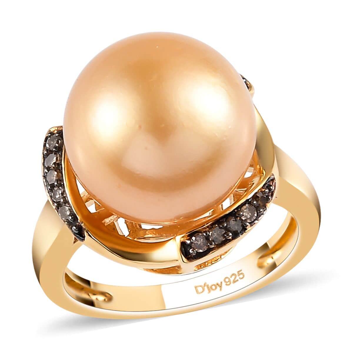 South Sea Golden Cultured Pearl and Natural Champagne Diamond Ring in Vermeil Yellow Gold Over Sterling Silver (Size 5.0) 0.10 ctw image number 0