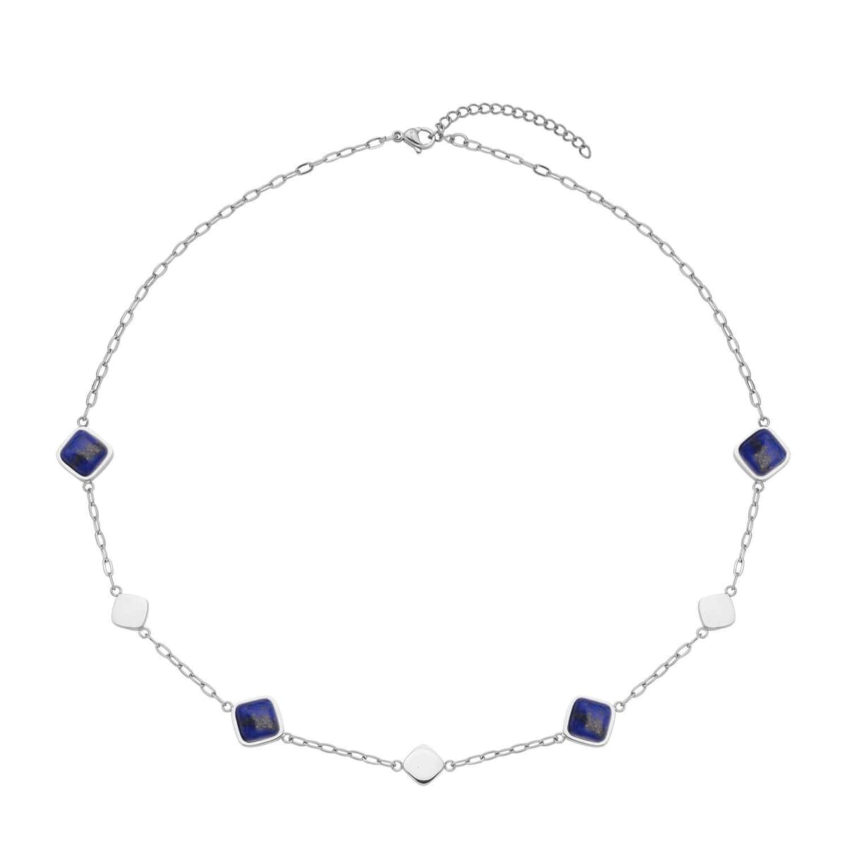 Lapis Lazuli Paper Clip Chain Station Necklace 20-22 Inches in Stainless Steel 32.00 ctw image number 0