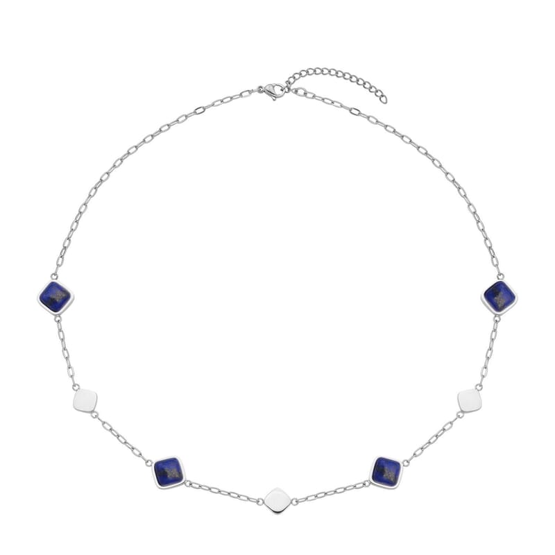 Lapis Lazuli Paper Clip Chain Station Necklace (20-22 Inches) in Stainless Steel 32.00 ctw | Tarnish-Free, Waterproof, Sweat Proof Jewelry