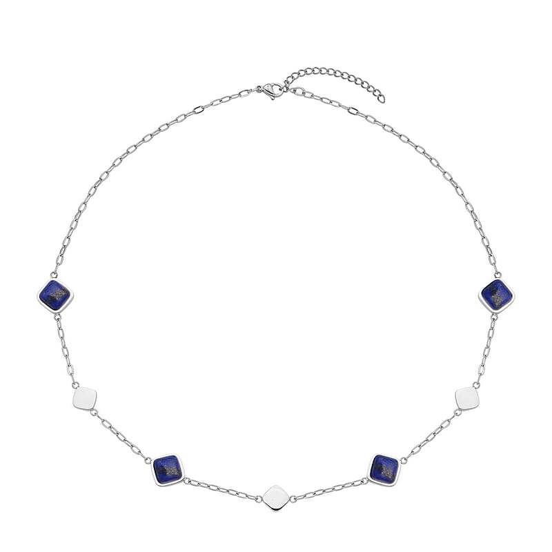 Lapis Lazuli Paper Clip Chain Station Necklace (20-22 Inches) in Stainless Steel 32.00 ctw | Tarnish-Free, Waterproof, Sweat Proof Jewelry