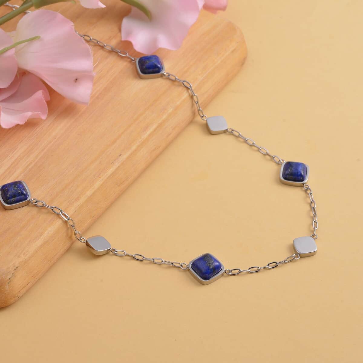 Lapis Lazuli Paper Clip Chain Station Necklace 20-22 Inches in Stainless Steel 32.00 ctw image number 1