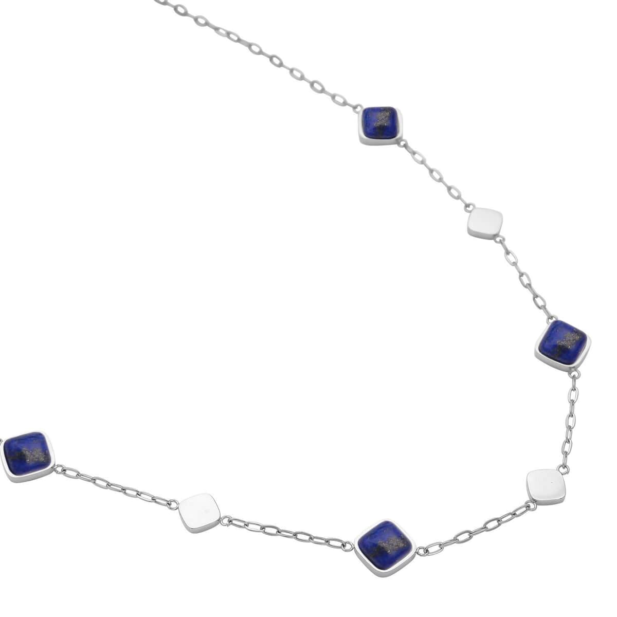 Lapis Lazuli Paper Clip Chain Station Necklace 20-22 Inches in Stainless Steel 32.00 ctw image number 2