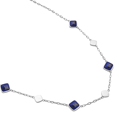Lapis Lazuli Paper Clip Chain Station Necklace (20-22 Inches) in Stainless Steel 32.00 ctw | Tarnish-Free, Waterproof, Sweat Proof Jewelry