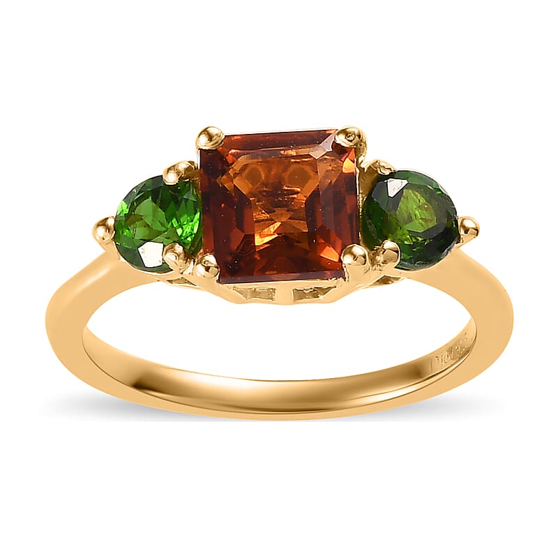 Asscher Cut Brazilian Cherry Citrine and Chrome Diopside1.50 ctw 3 Stone Ring in Vermeil Yellow Gold Over Sterling Silver (Size 10.0)