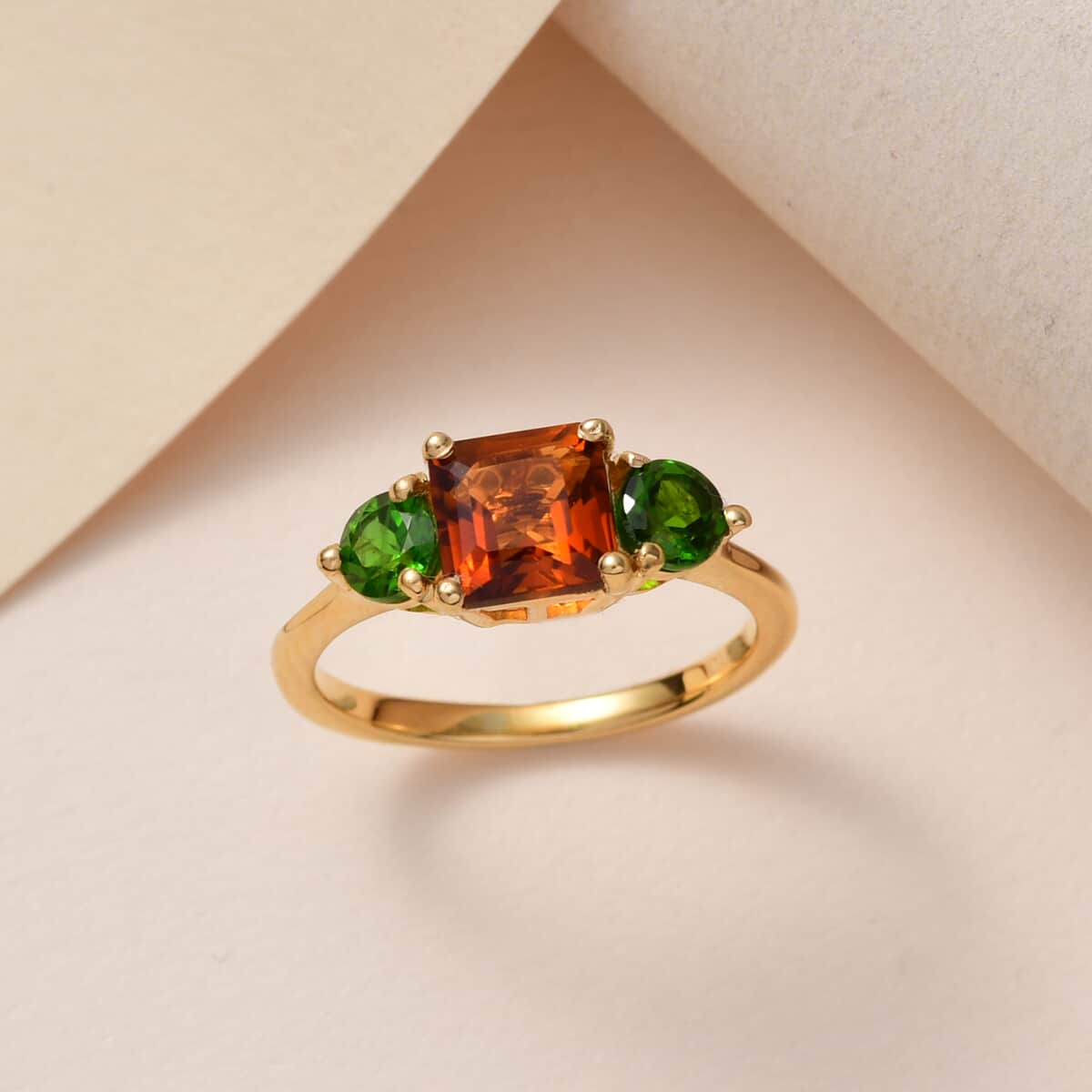 Asscher Cut Brazilian Cherry Citrine and Chrome Diopside 3 Stone Ring in Vermeil Yellow Gold Over Sterling Silver (Size 10.0) 1.50 ctw image number 1