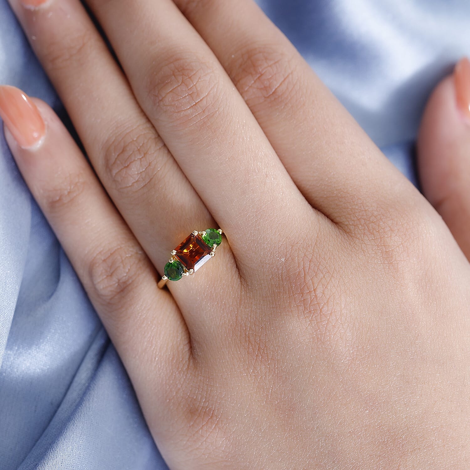 Asscher Cut Brazilian Cherry Citrine and Chrome Diopside1.50 ctw 3 Stone Ring in Vermeil Yellow Gold Over Sterling Silver (Size 10.0)