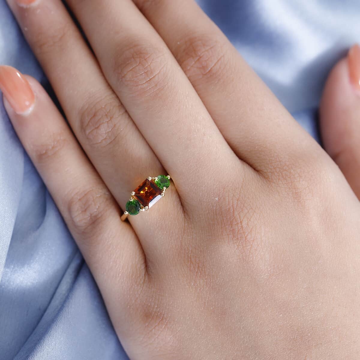 Asscher Cut Brazilian Cherry Citrine and Chrome Diopside 3 Stone Ring in Vermeil Yellow Gold Over Sterling Silver (Size 10.0) 1.50 ctw image number 2