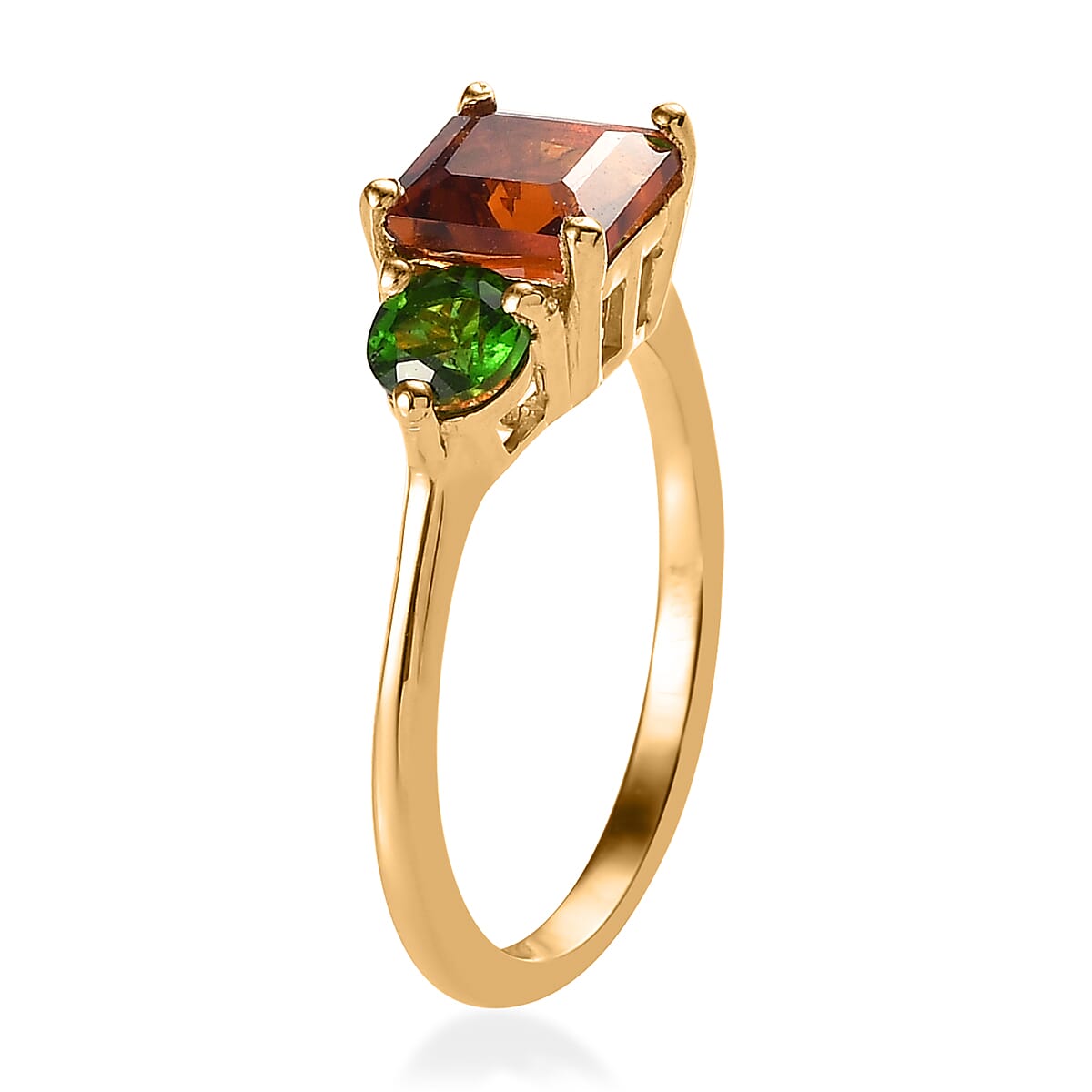 Asscher Cut Brazilian Cherry Citrine and Chrome Diopside1.50 ctw 3 Stone Ring in Vermeil Yellow Gold Over Sterling Silver (Size 10.0)