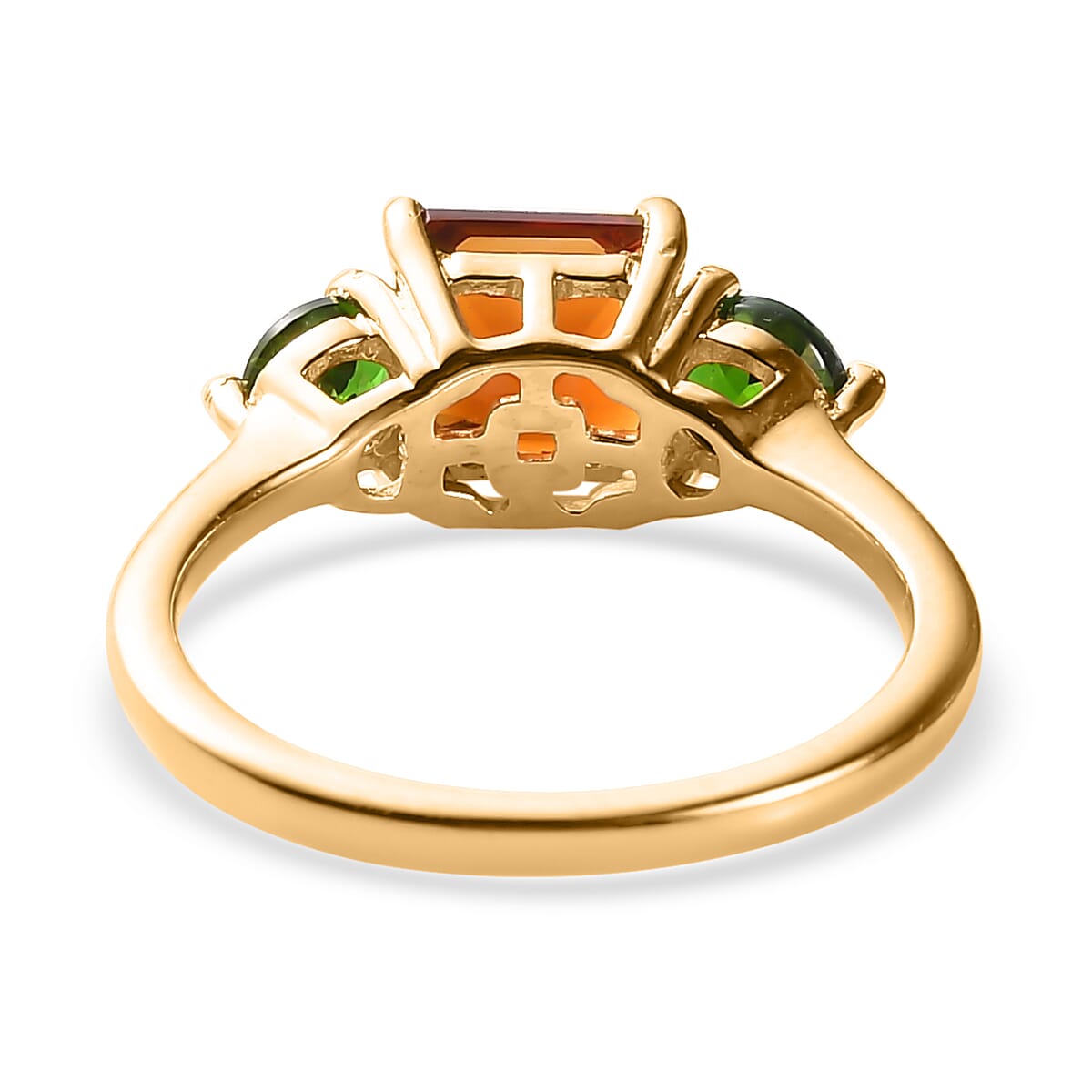 Asscher Cut Brazilian Cherry Citrine and Chrome Diopside1.50 ctw 3 Stone Ring in Vermeil Yellow Gold Over Sterling Silver (Size 10.0)
