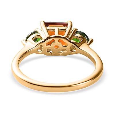 Asscher Cut Brazilian Cherry Citrine and Chrome Diopside1.50 ctw 3 Stone Ring in Vermeil Yellow Gold Over Sterling Silver (Size 10.0)