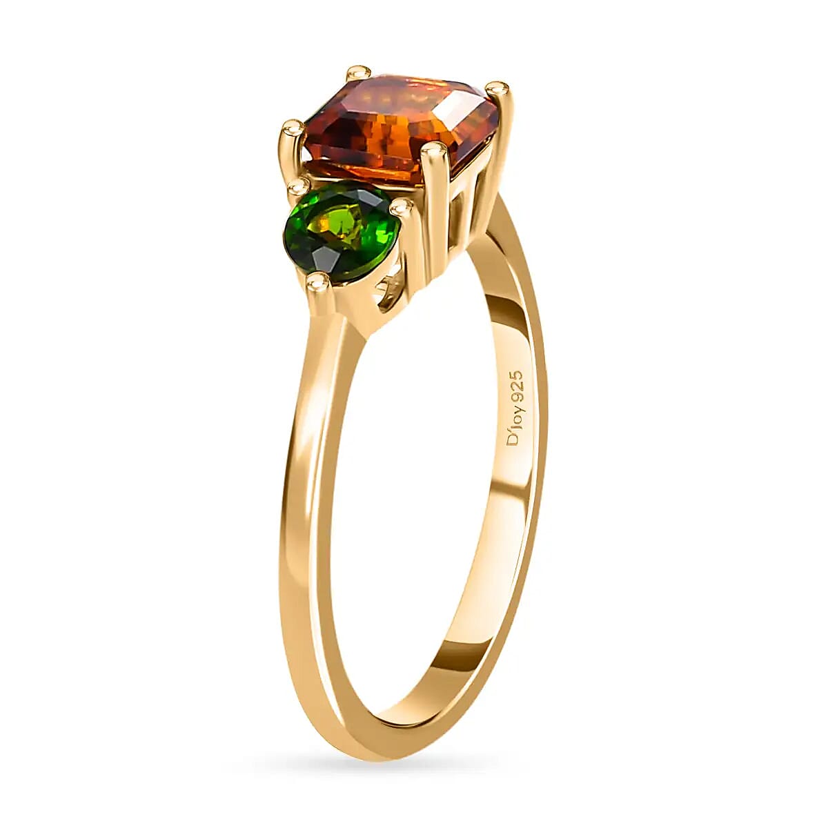 Asscher Cut Brazilian Cherry Citrine and Chrome Diopside 3 Stone Ring in Vermeil Yellow Gold Over Sterling Silver (Size 5.0) 1.50 ctw