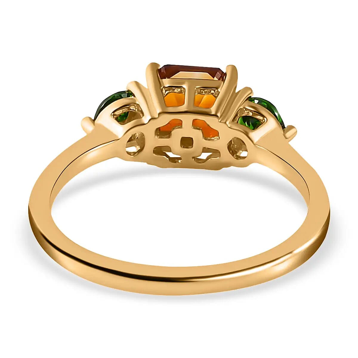 Asscher Cut Brazilian Cherry Citrine and Chrome Diopside 3 Stone Ring in Vermeil Yellow Gold Over Sterling Silver (Size 5.0) 1.50 ctw