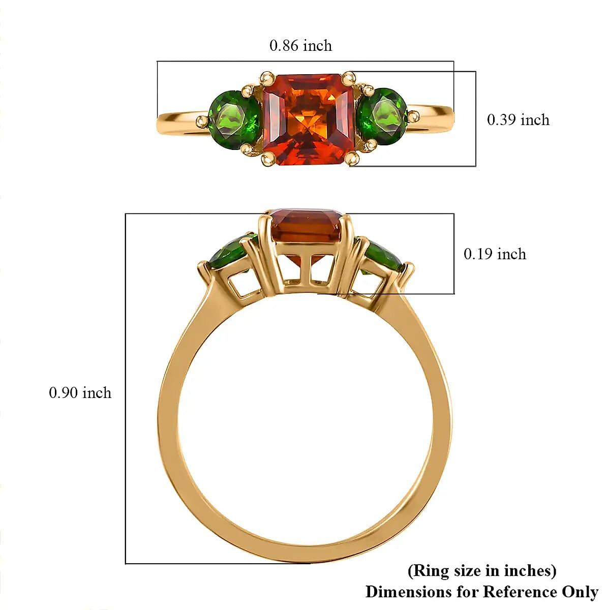 Asscher Cut Brazilian Cherry Citrine and Chrome Diopside 3 Stone Ring in Vermeil Yellow Gold Over Sterling Silver (Size 5.0) 1.50 ctw