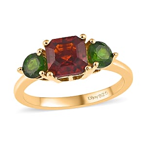 Asscher Cut Brazilian Cherry Citrine and Chrome Diopside 3 Stone Ring in Vermeil Yellow Gold Over Sterling Silver (Size 7.0) 1.50 ctw