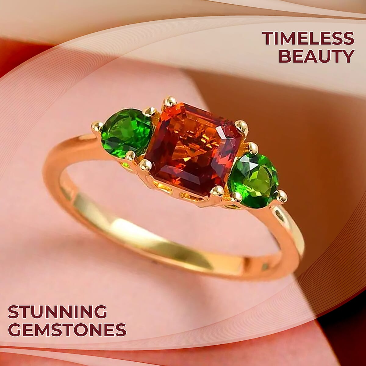 Asscher Cut Brazilian Cherry Citrine and Chrome Diopside 3 Stone Ring in Vermeil Yellow Gold Over Sterling Silver (Size 7.0) 1.50 ctw image number 1