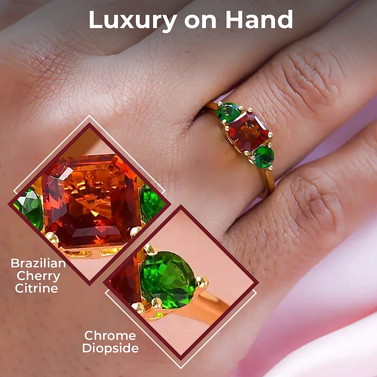 Asscher Cut Brazilian Cherry Citrine and Chrome Diopside 3 Stone Ring in Vermeil Yellow Gold Over Sterling Silver (Size 7.0) 1.50 ctw image number 2
