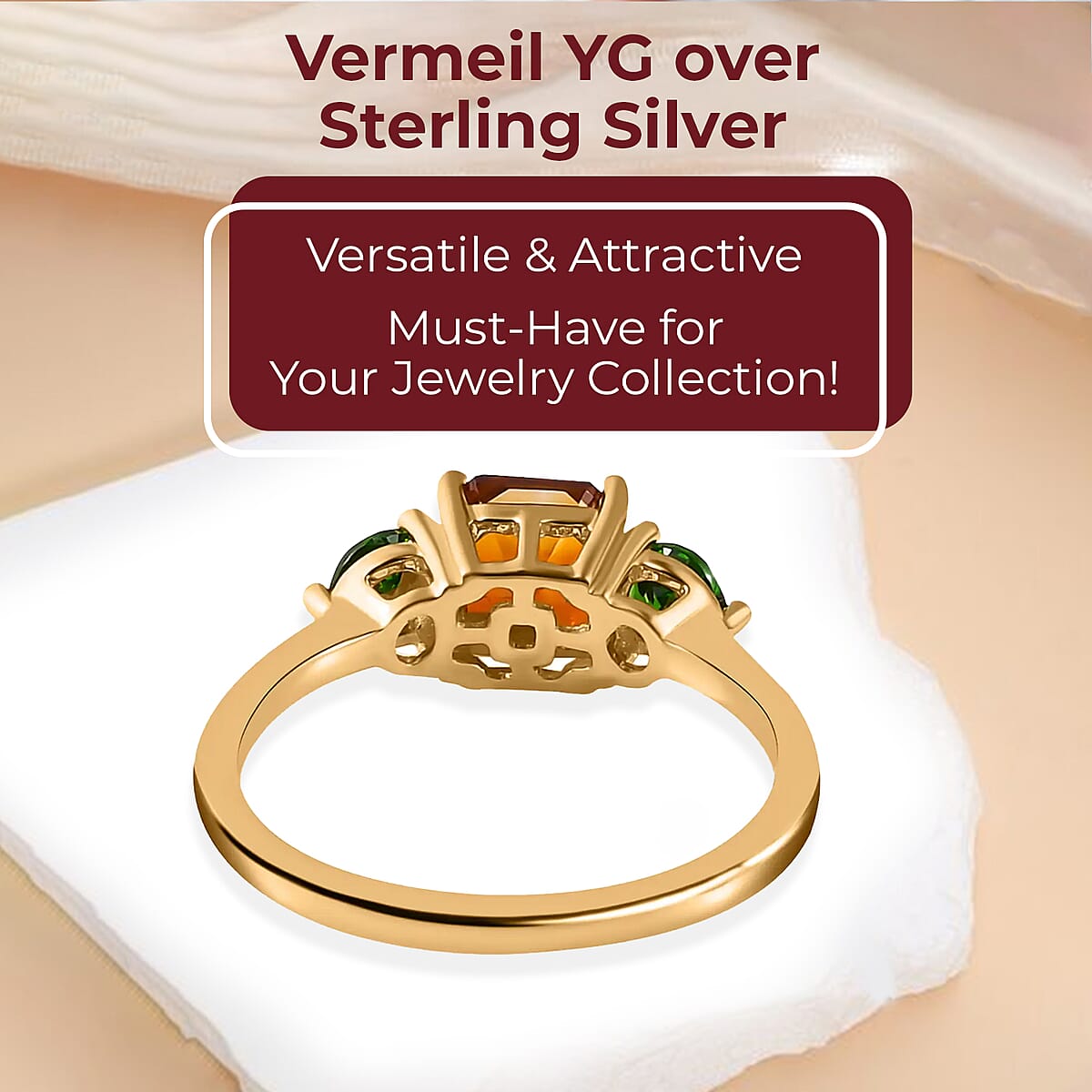 Asscher Cut Brazilian Cherry Citrine and Chrome Diopside 3 Stone Ring in Vermeil Yellow Gold Over Sterling Silver (Size 7.0) 1.50 ctw image number 3