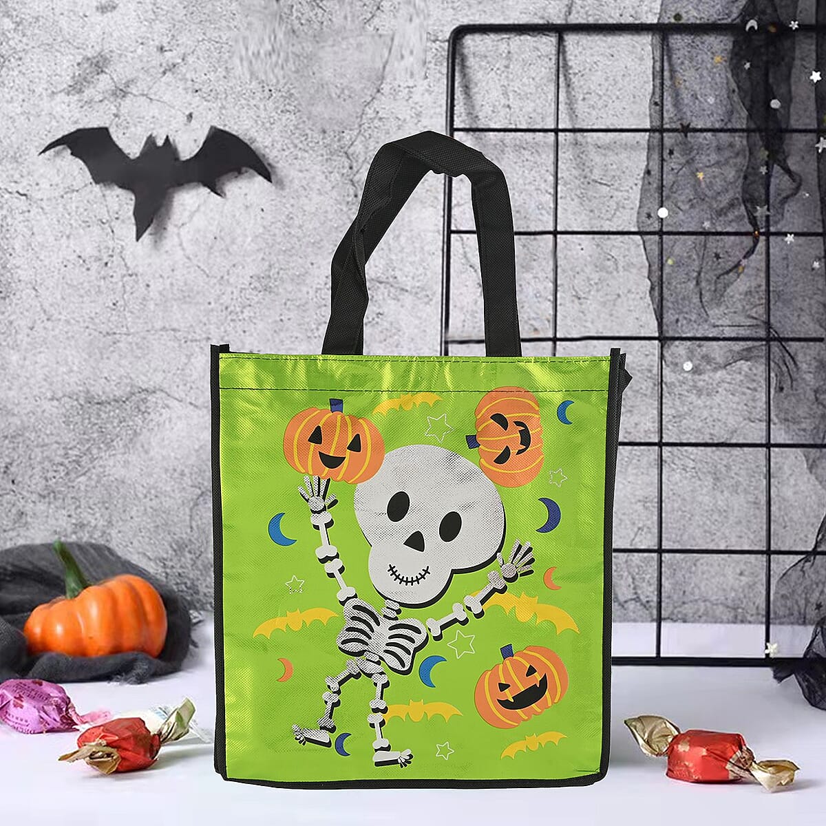 Halloween- Skeleton Trick Or Treat Bag Shiny Coated Non Woven W/2.5in Handle image number 1