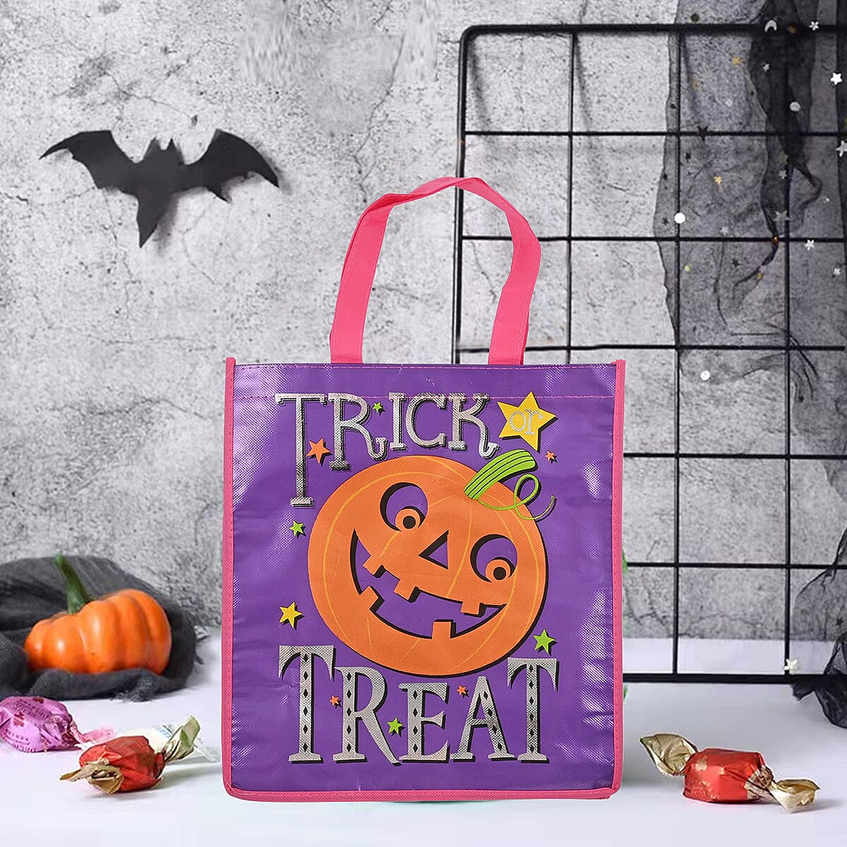 Halloween- Pumpkin w/ Candy Trick Or Treat Bag Shiny Coated Non Woven 12x13 W/2.5in Handle image number 1