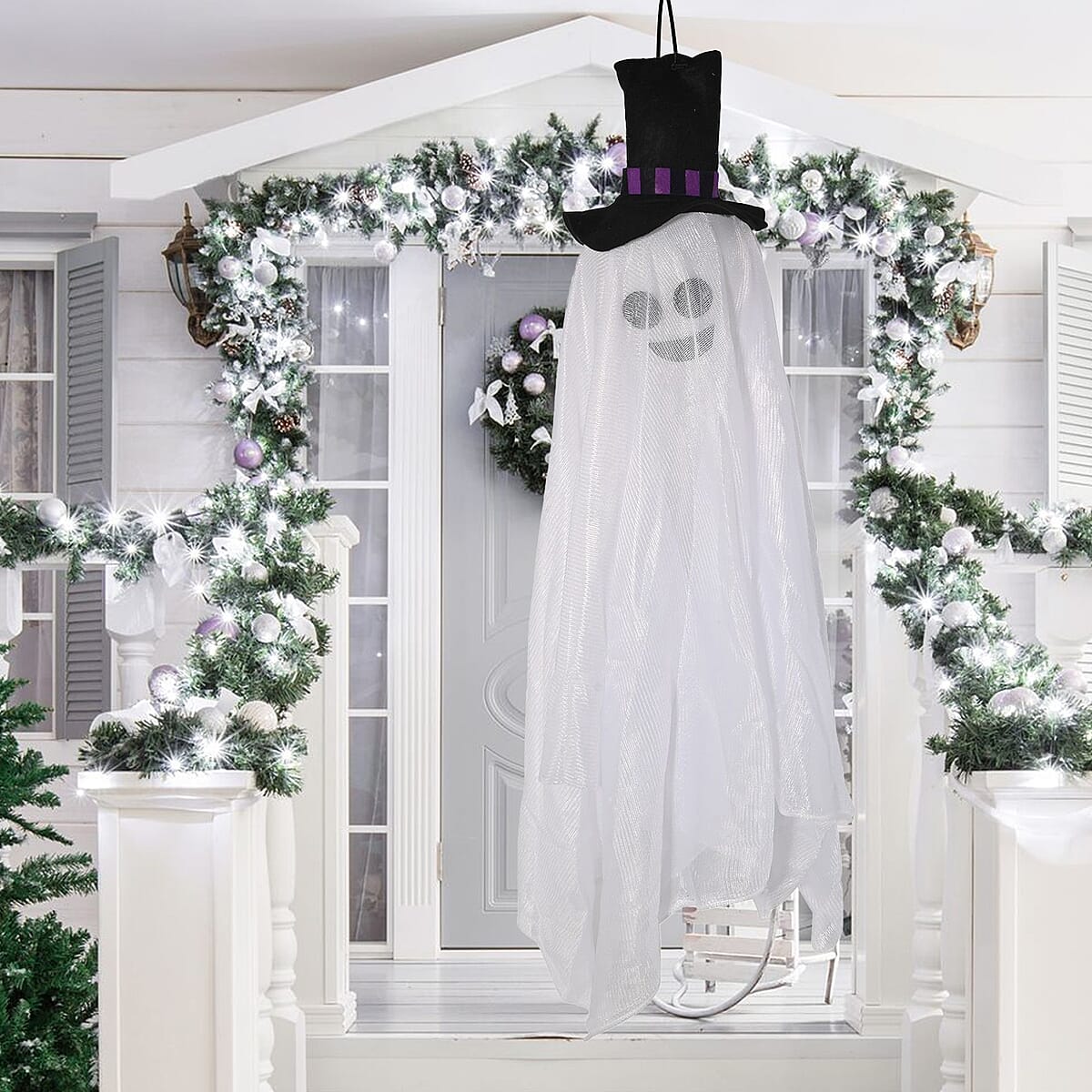 Halloween- White Hanging Light-Up Ghost (26 Inches Batteries Included) image number 1