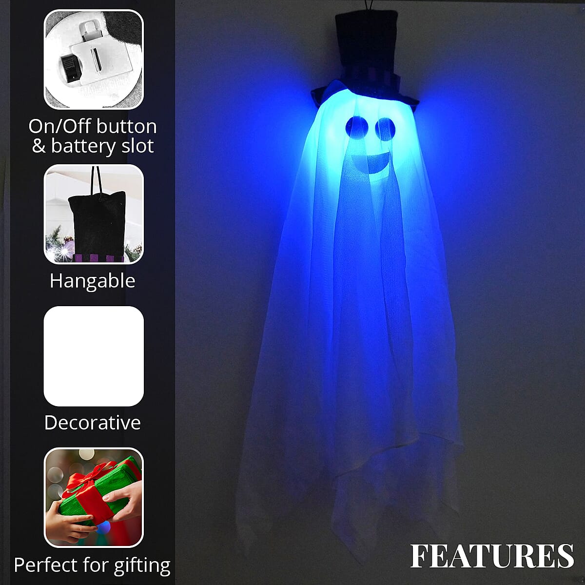 Halloween- White Hanging Light-Up Ghost (26 Inches Batteries Included) image number 2