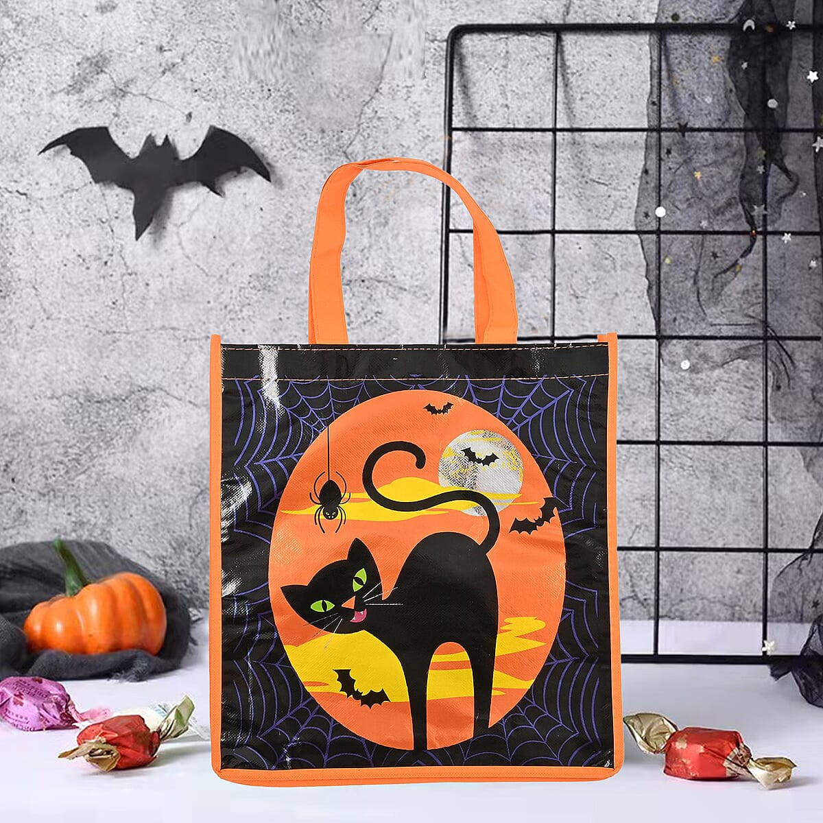 Halloween- Black Cat Trick Or Treat Bag Shiny Coated Non Woven W/2.5in Handle image number 1