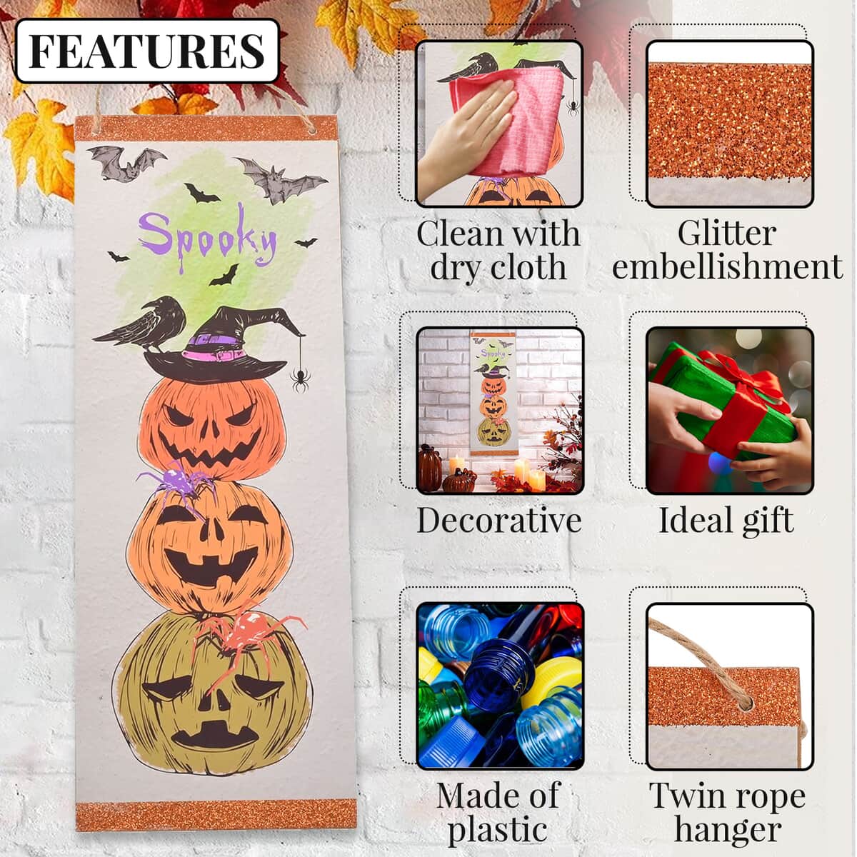 Halloween- Spooky Pumpkin w/ Orange Glitter Vertical Wall Plaque  image number 2