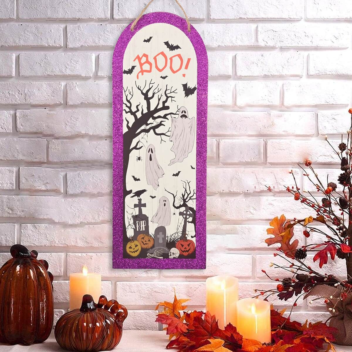 Halloween- "Boo!" Ghost Vertical Arch Wall Plaque (5.9x15.7 Inches) image number 1