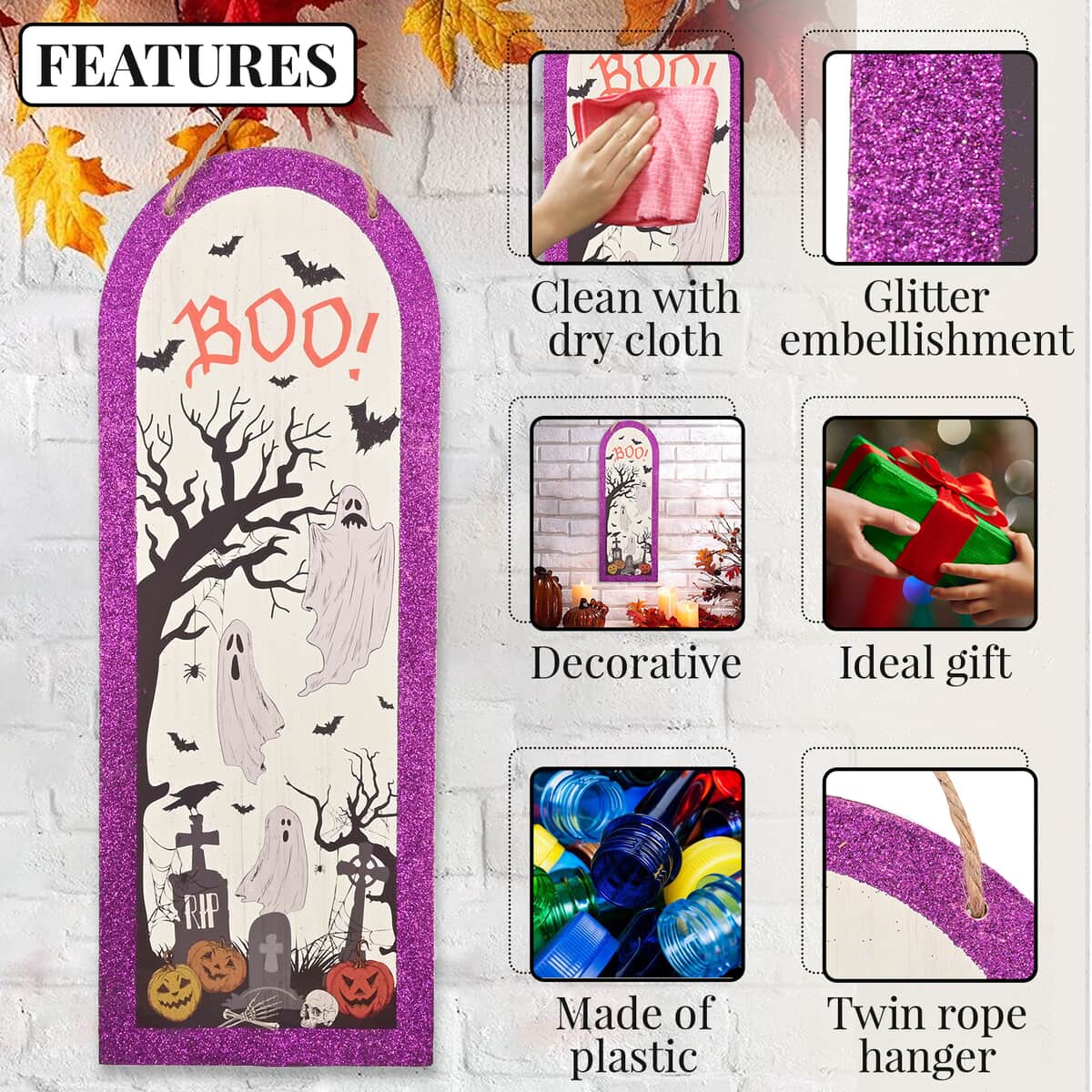 Halloween- "Boo!" Ghost Vertical Arch Wall Plaque (5.9x15.7 Inches) image number 2