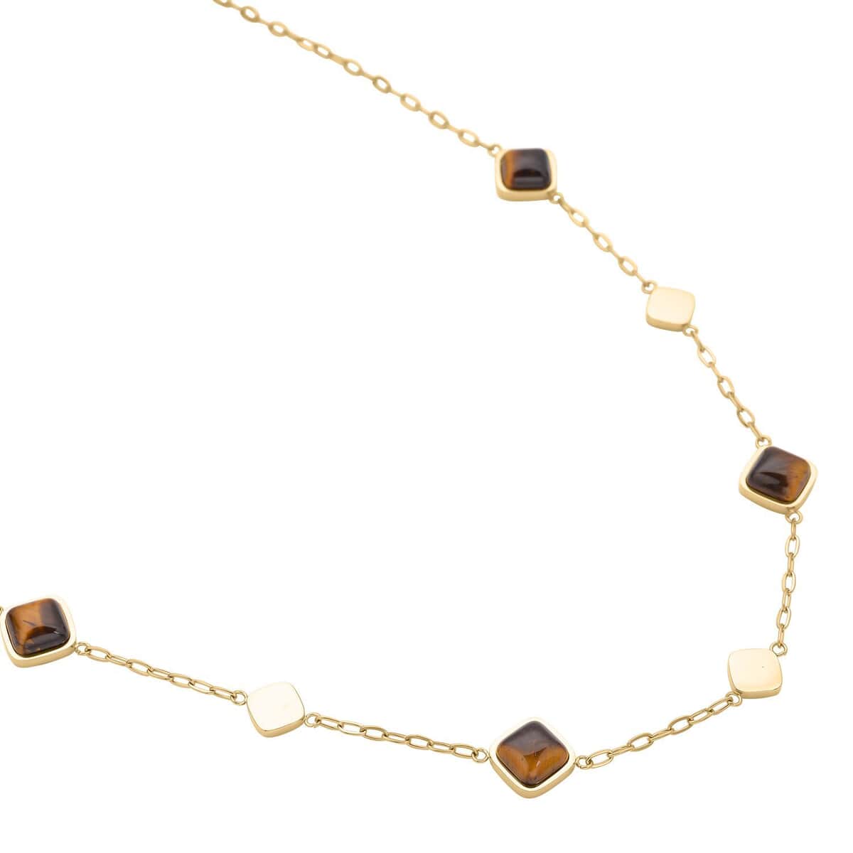 Yellow Tiger's Eye Paper Clip Chain Station Necklace (20-22 Inches) in ION Plated YG Stainless Steel 32.00 ctw , Tarnish-Free, Waterproof, Sweat Proof Jewelry image number 2