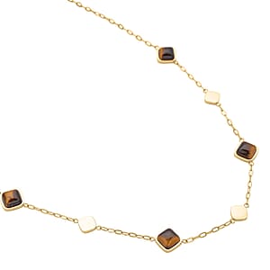 Yellow Tiger's Eye 32.00 ctw Paper Clip Chain Station Necklace in ION Plated YG Stainless Steel 20-22 Inches, Tarnish-Free, Waterproof, Sweat Proof Jewelry