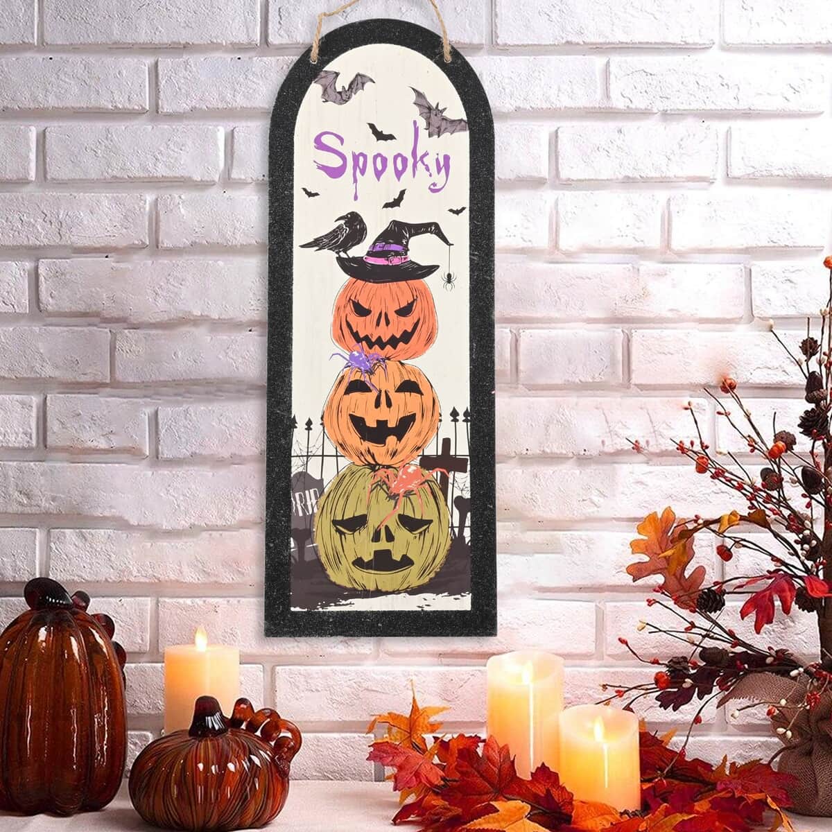Halloween- Spooky Pumpkin W/ Black glitter Arch Wall Plaque  image number 1