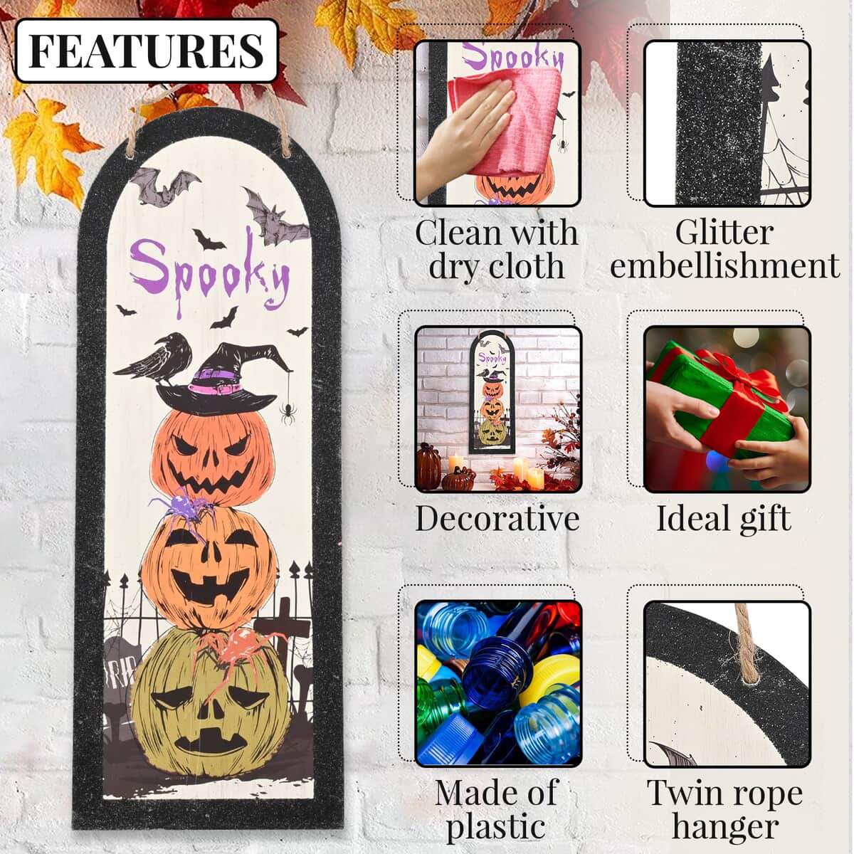 Halloween- Spooky Pumpkin W/ Black glitter Arch Wall Plaque  image number 2