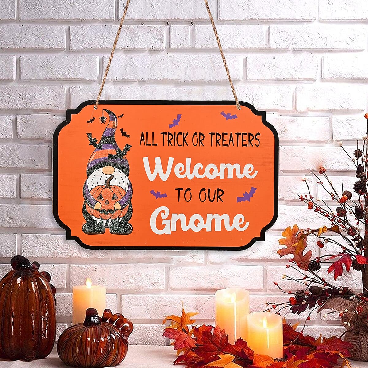 Halloween- All Trick or Treaters Welcome to Our GnomeWall Plaque W/glitter and Twine Rope Hangers image number 1