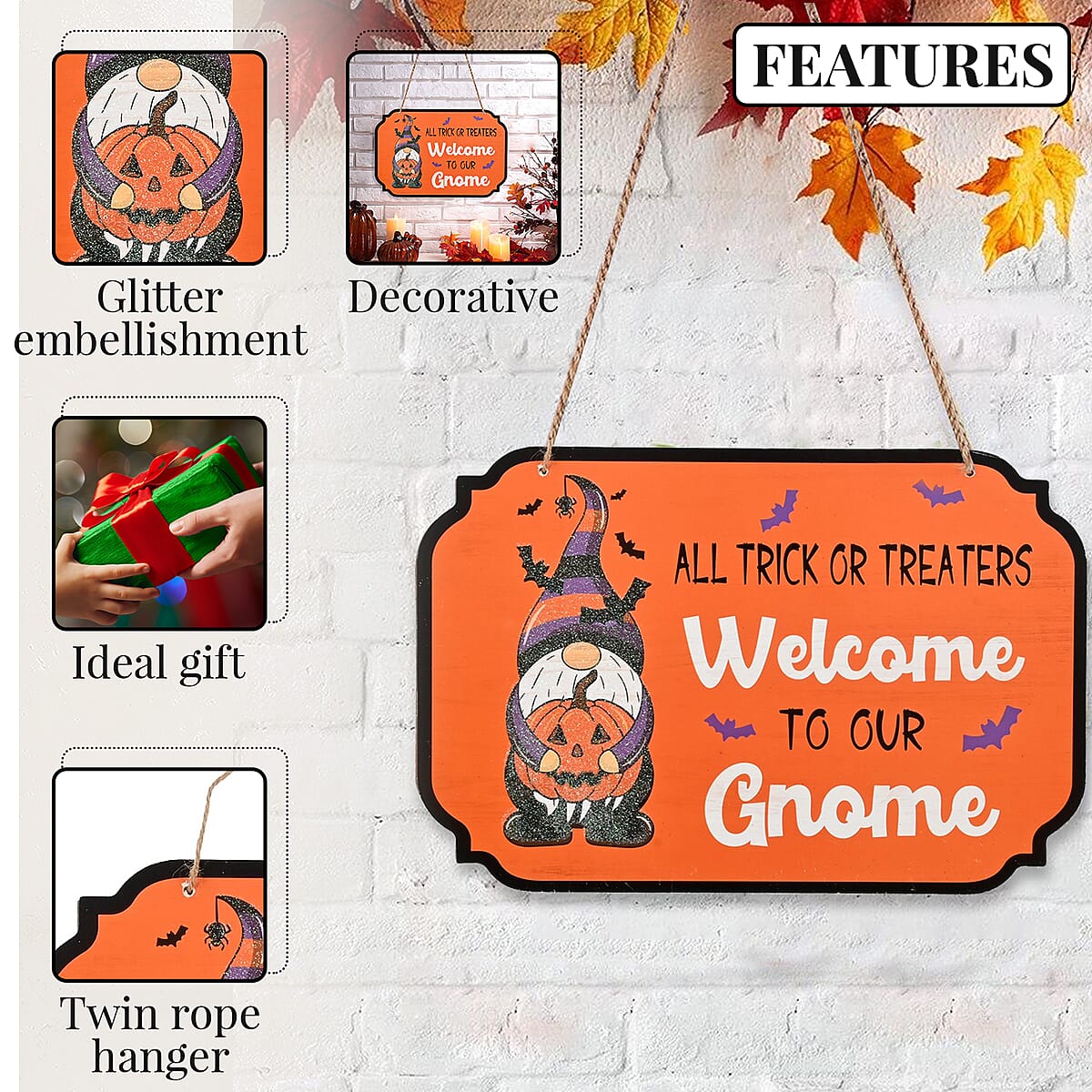 Halloween- All Trick or Treaters Welcome to Our GnomeWall Plaque W/glitter and Twine Rope Hangers image number 2