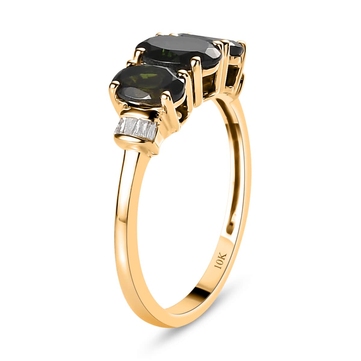 Luxoro 10K Yellow Gold Premium Tanzanian Chrome Tourmaline and Diamond Accent 3 Stone Ring (Size 6.0) 1.60 ctw image number 3